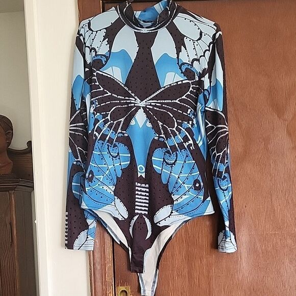 Butterfly Print Bodysuit - Black and Blue - Picture 4 of 7